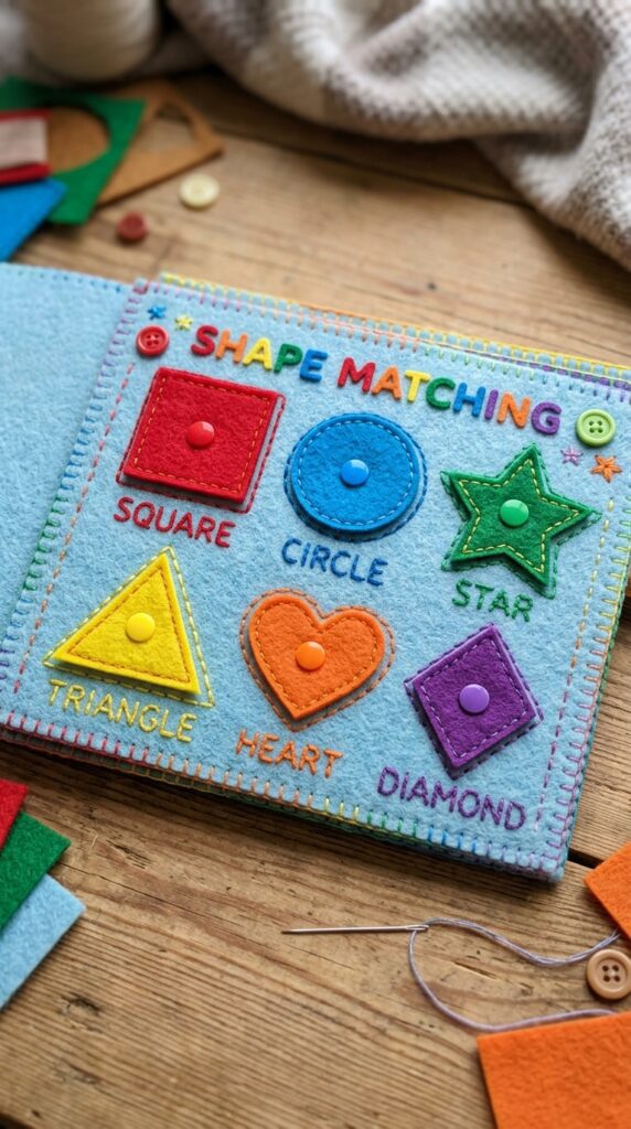 A snap fastener practice page in a quiet book showing shapes like balloons with plastic snap bases