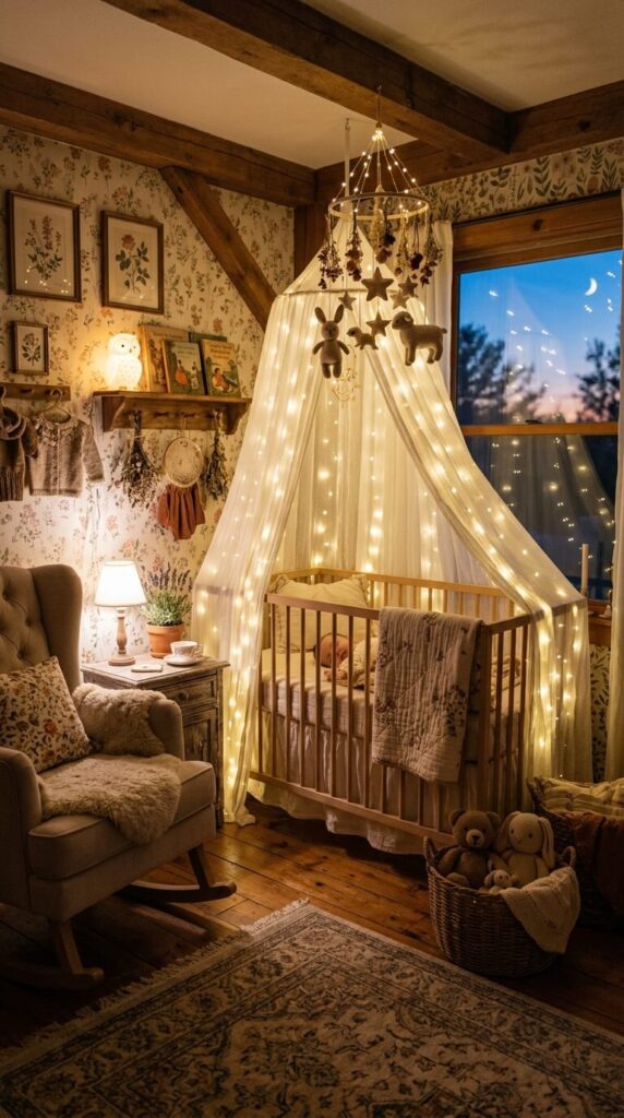 Warm fairy string lights wrapped around a wall frame emitting a cozy yellow glow