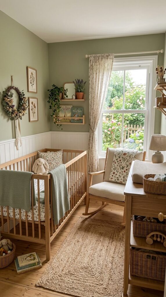 A cozy nursery painted in chalky sage green with light oak furniture and soft cotton sheets