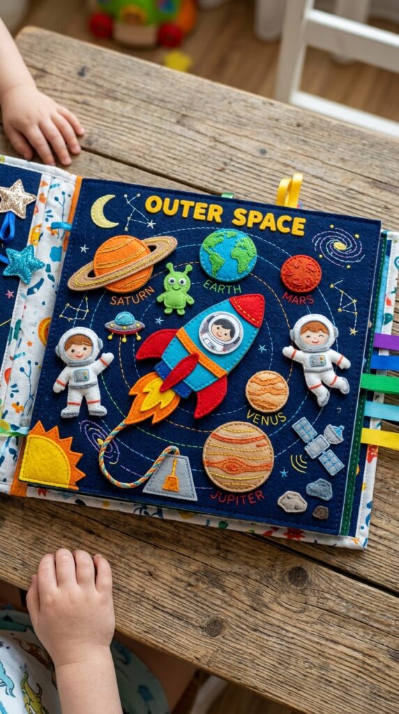 An outer space quiet book page with felt planets, a rocket ship, and stars on a black background