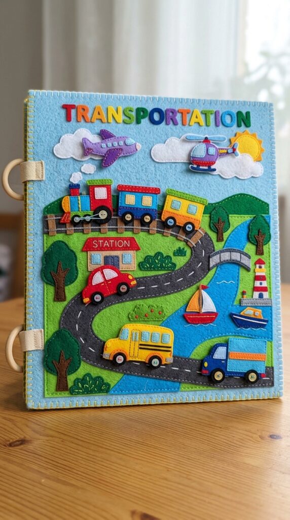 A felt quiet book page showing a road, sky, and sea with movable cars, planes, and boats