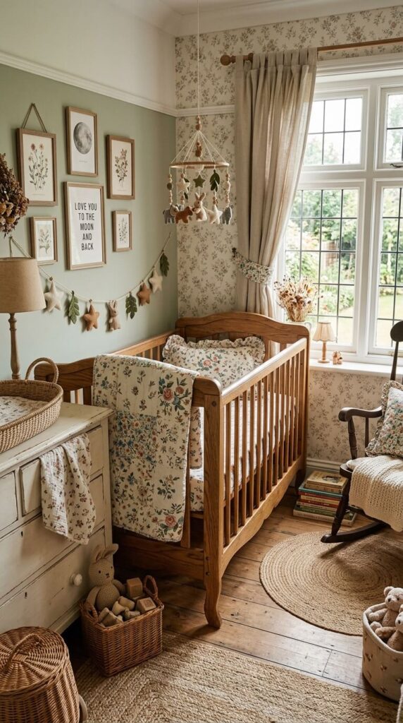 A classic spindle style oak crib styled with simple neutral bedding against a warm beige wall