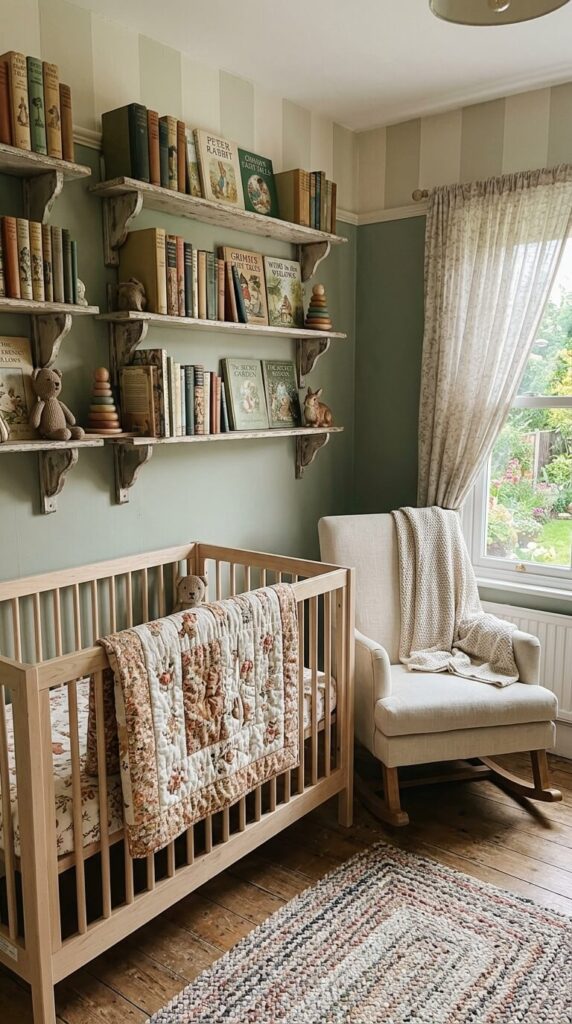 A styled rustic pine bookshelf filled with classic hardback children's books