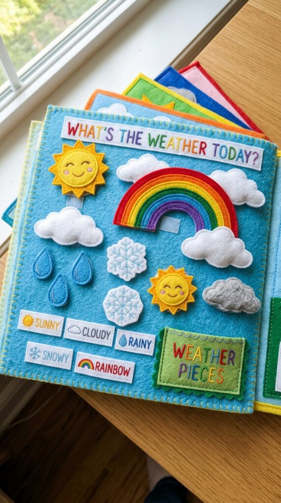 A weather quiet book page with sun, cloud, and rain felt shapes that attach to a sky backdrop