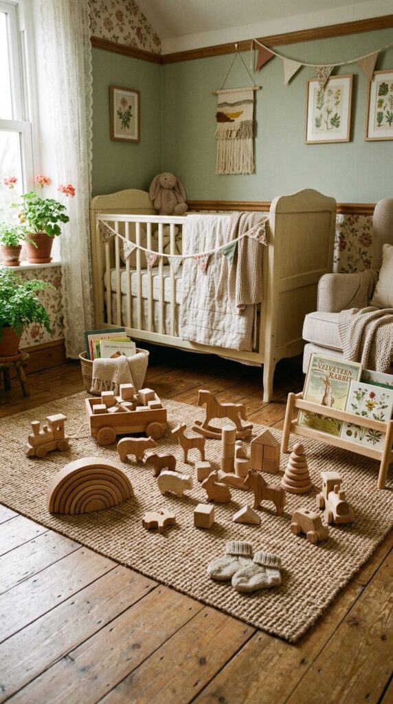 A wooden toy castle and stacking rings sitting on a wooden display shelf