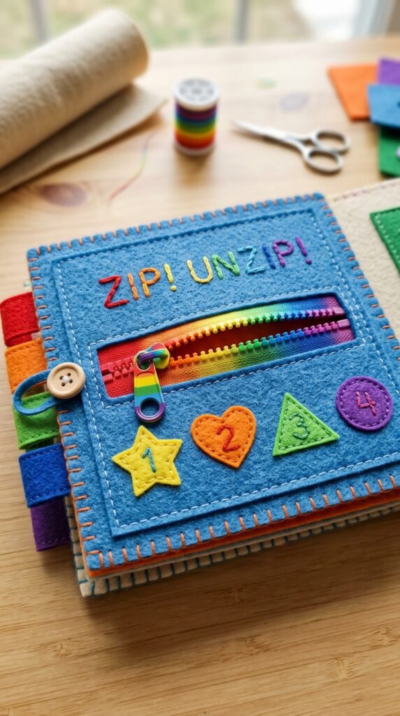 A felt quiet book page with multiple colorful zippers sewn onto it for fine motor practice