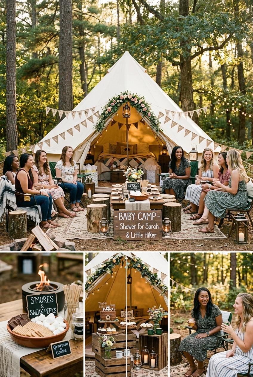 A cozy camp-themed baby shower setup outdoors with a canvas bell tent, s'mores station, and rustic log seating