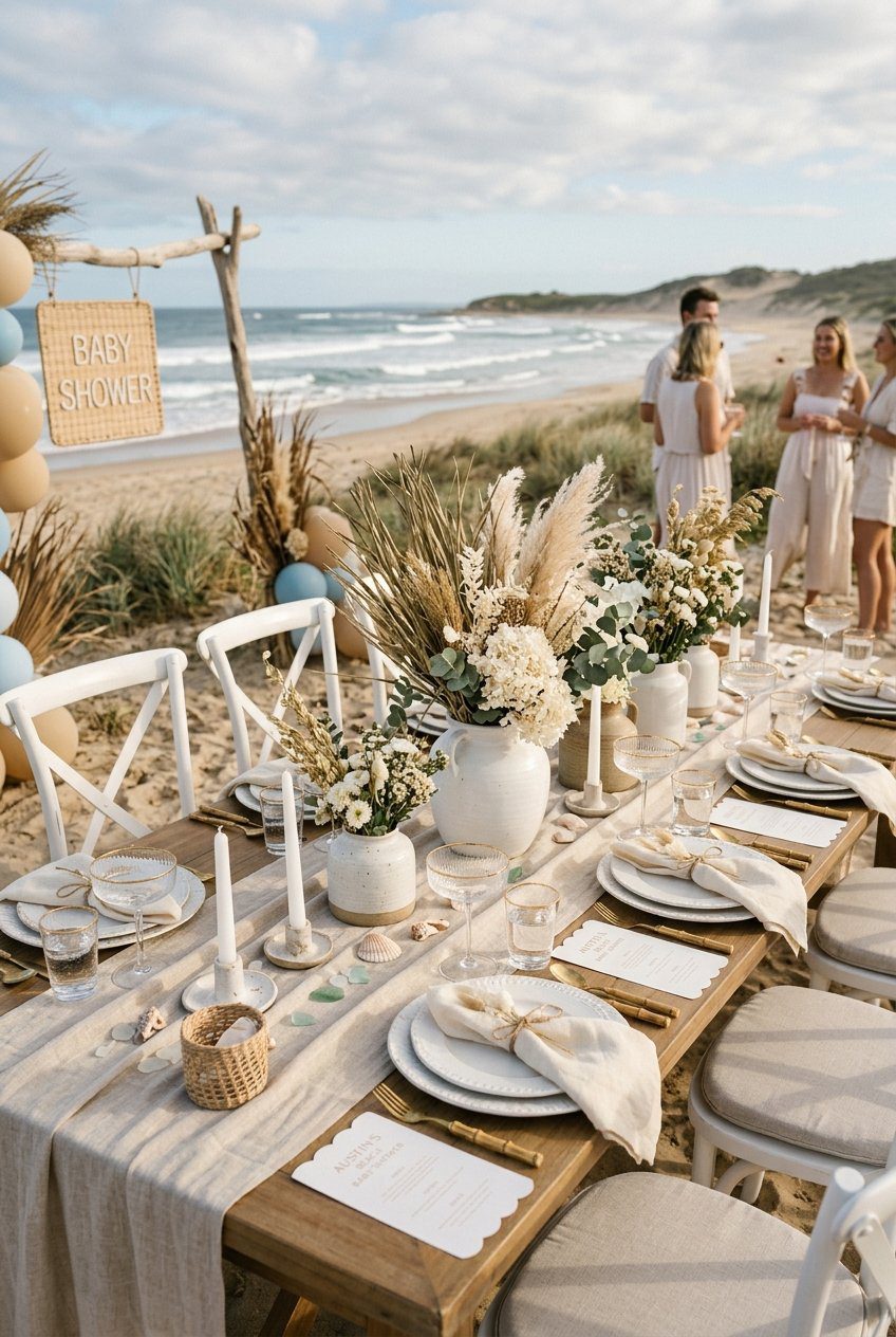 A serene beach baby shower setup with dried pampas grass, white pottery, and neutral tableware on the sand