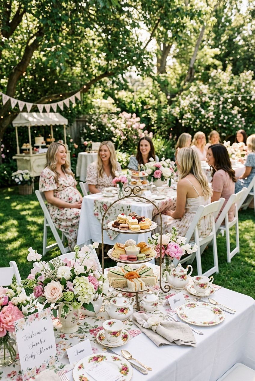 A classic garden tea party baby shower table outdoors featuring floral teapots, tiered dessert stands, and pastel roses