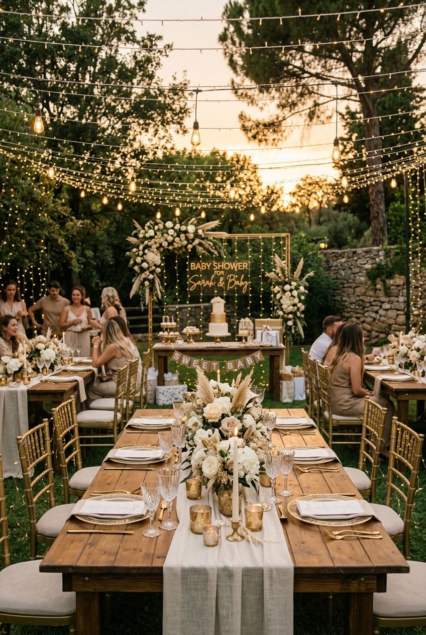 A dreamy baby shower set outdoors at sunset, featuring gold chairs, warm string lights, and neutral floral arrangements