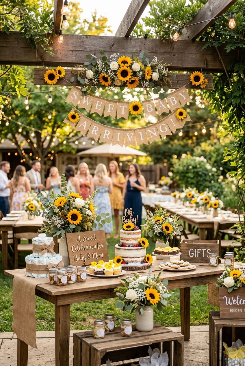 A gorgeous late-summer baby shower table decorated with towering bright yellow sunflowers, rustic burlap runners, and wooden crates under string lights