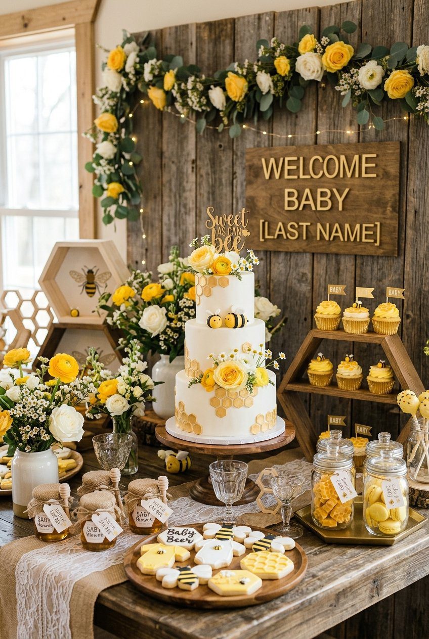 A premium honey bee baby shower cake table featuring honeycomb wall shapes, yellow flowers, and jars of honey