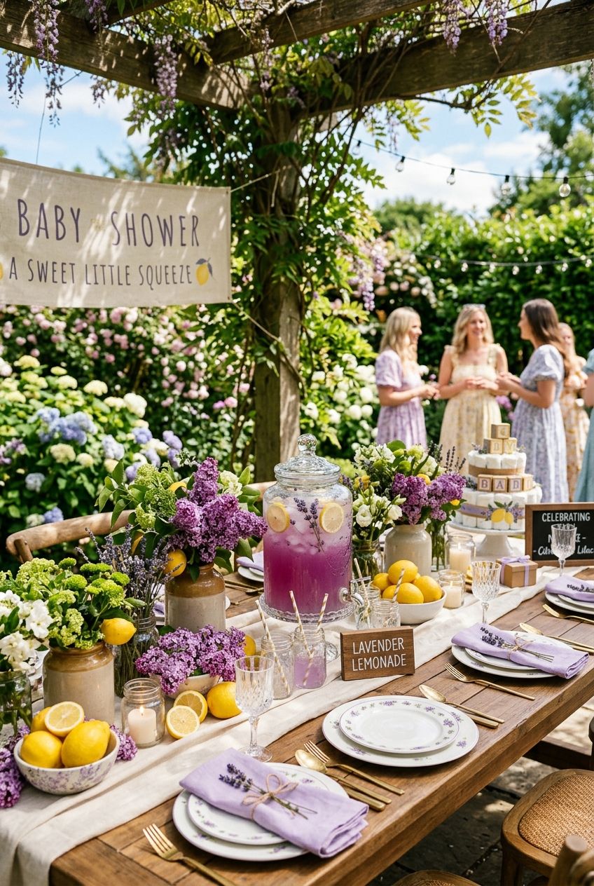 A fresh citrus and lilac baby shower table setting featuring purple flowers, yellow lemons in bowls, and lavender mocktails