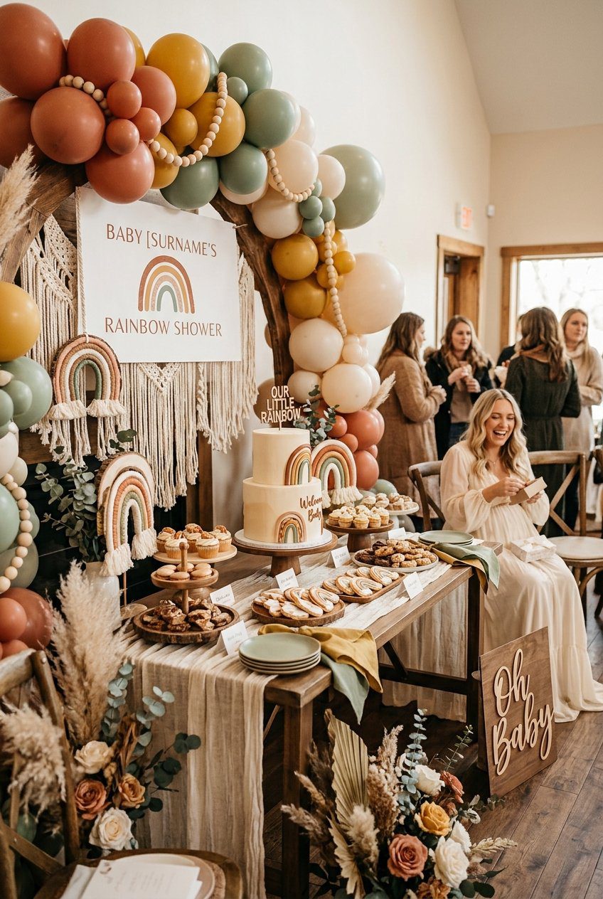 An earthy rainbow baby shower table featuring a terracotta and sage green balloon arch with boho macrame rainbows