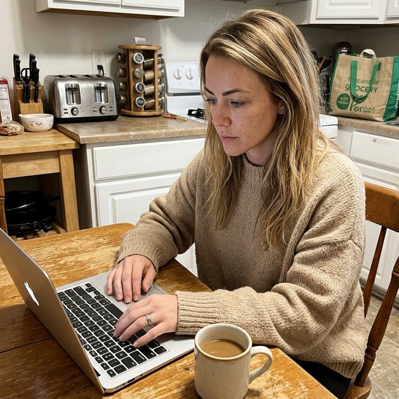 Sloane working on laptop