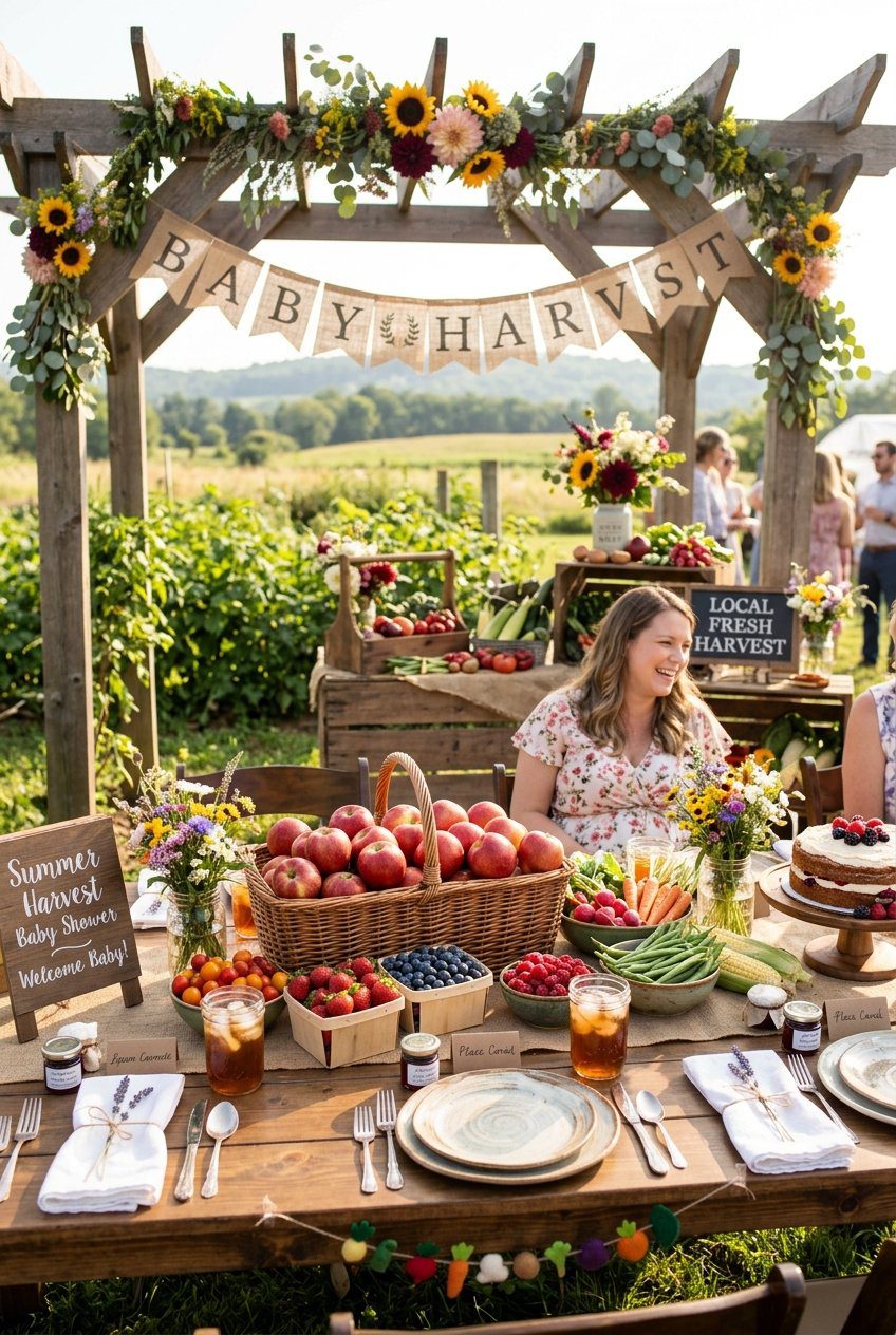 A beautiful farm-to-table baby shower spread showcasing baskets of red apples, green beans, and fresh berries on a wooden table