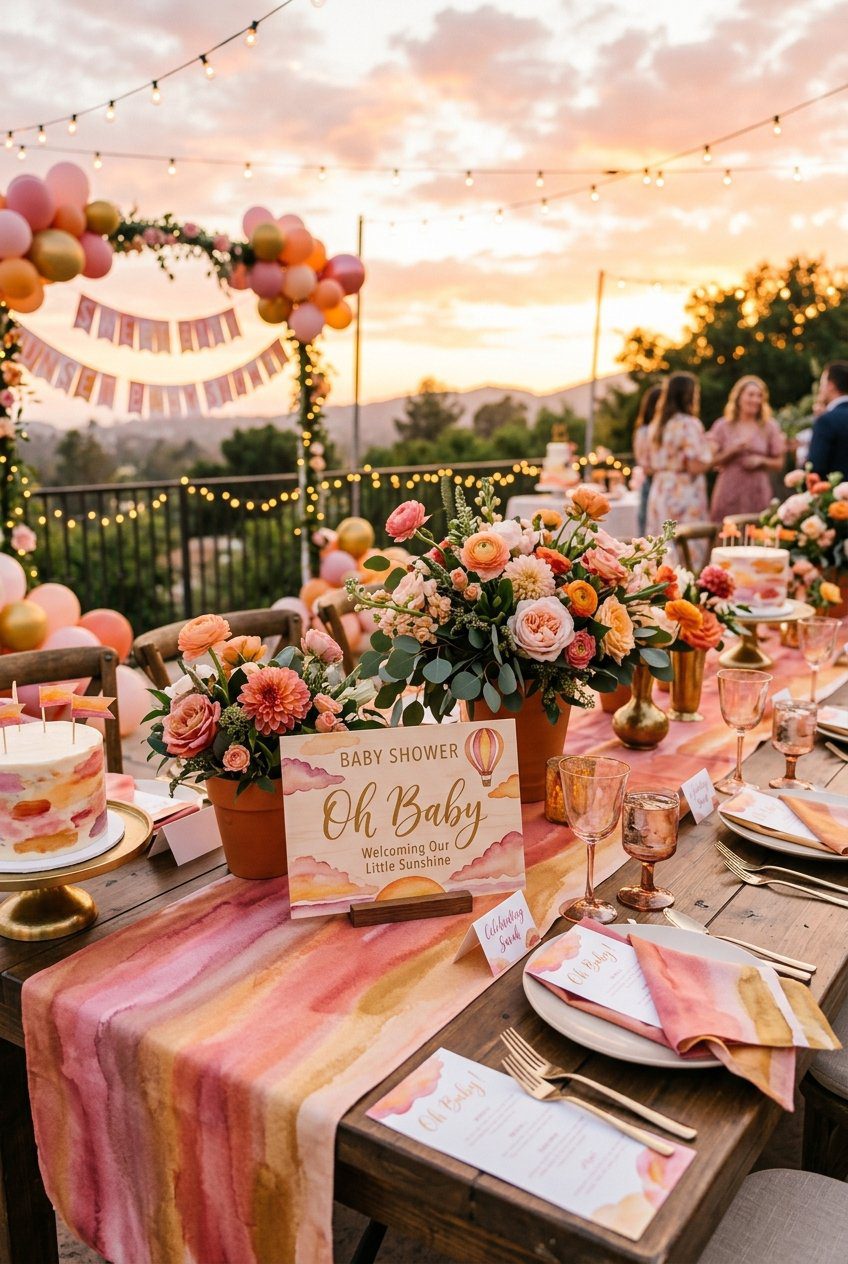 A sunset baby shower table setting with a pink and gold watercolor runner, pastel floral arrangements, and warm lighting