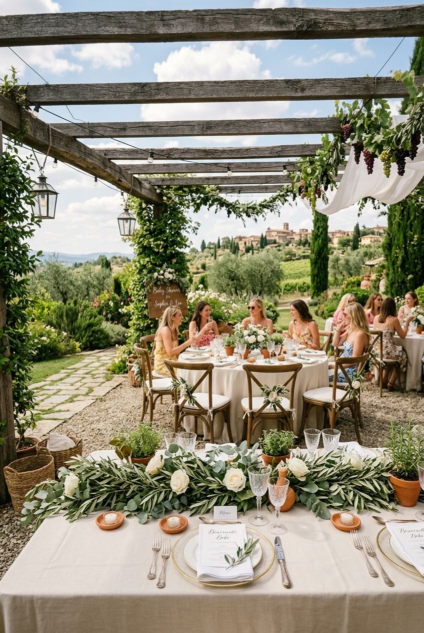 An elegant outdoor garden baby shower with olive branch garlands, terracotta planters, and white roses under a pergola
