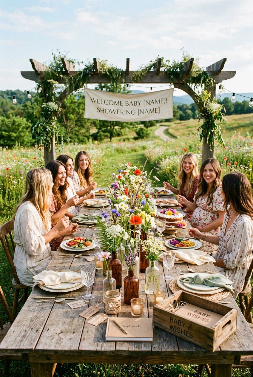 An outdoor baby shower with a rustic wooden dining table decorated with mixed colorful wildflowers in a grassy field