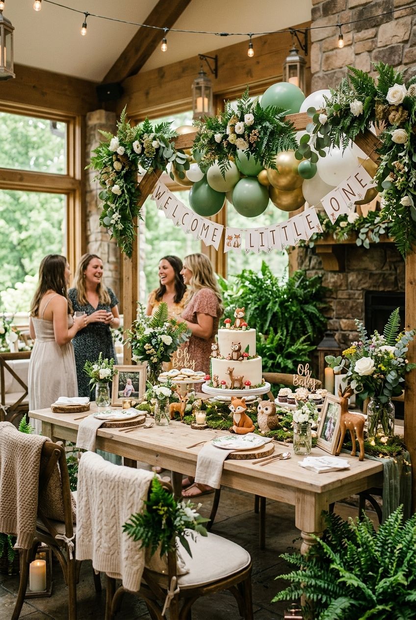 A charming woodland themed baby shower table styled with small forest animal figures, moss, and green fern garlands