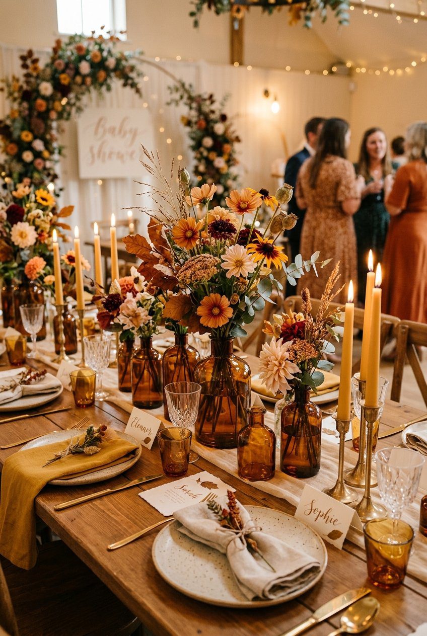 A beautifully decorated baby shower dining table with amber glass vases, early autumn flowers, and glowing taper candles
