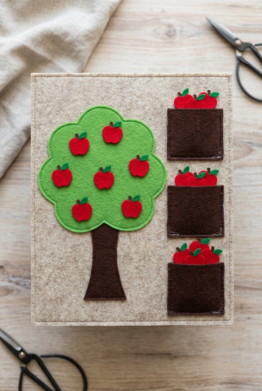A flat lay of a no-sew felt activity page featuring a green felt tree glued onto felt background with dark brown glued felt pockets