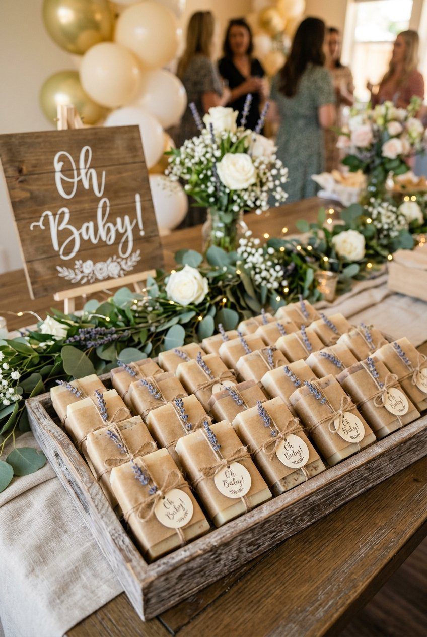 Handmade soap bar guest favors wrapped in parchment paper and twine, styled on a wooden tray with lavender accents at a baby shower