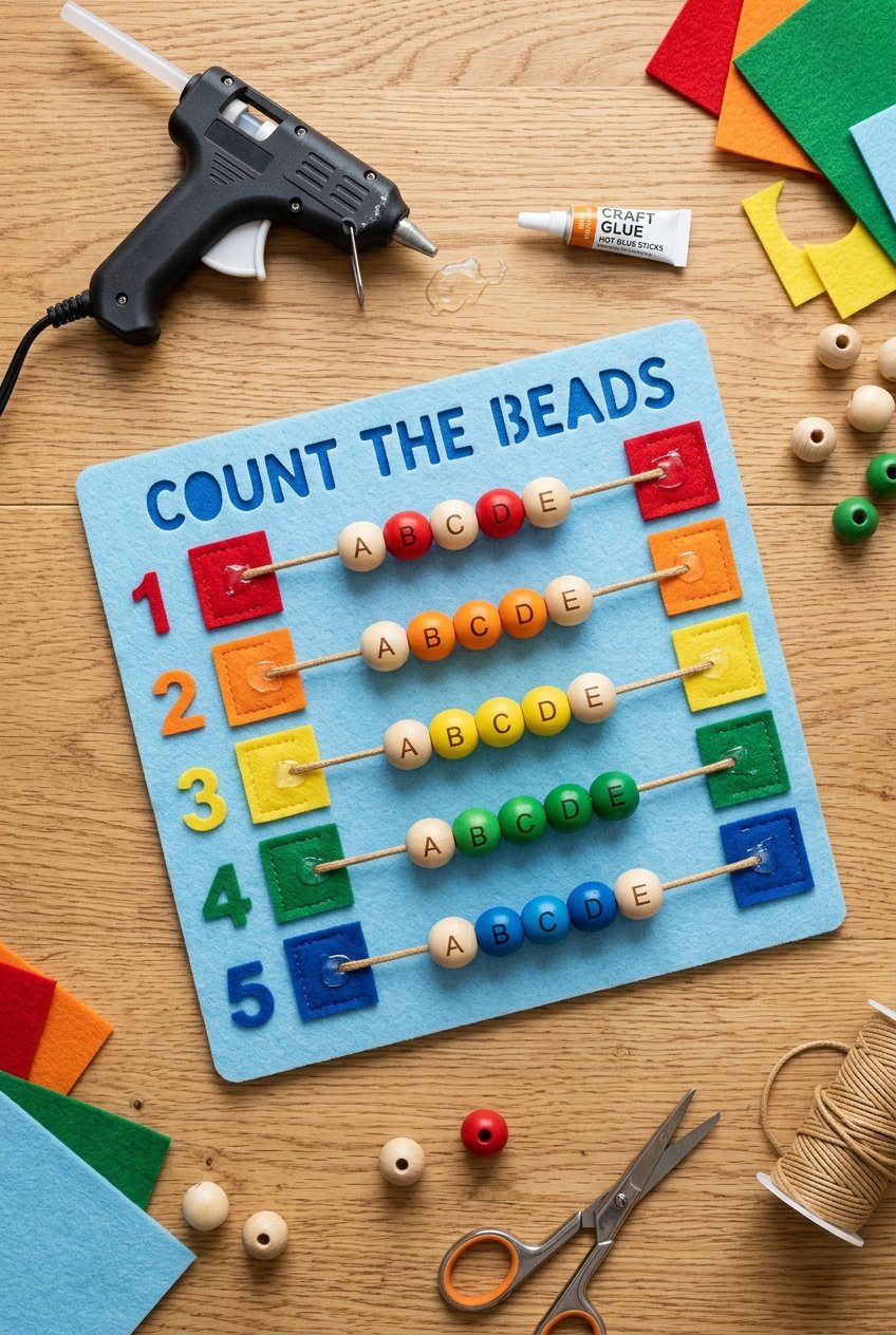 A flat lay of a no-sew felt activity page with wooden beads strung on cords secured under glued felt flaps with hot glue