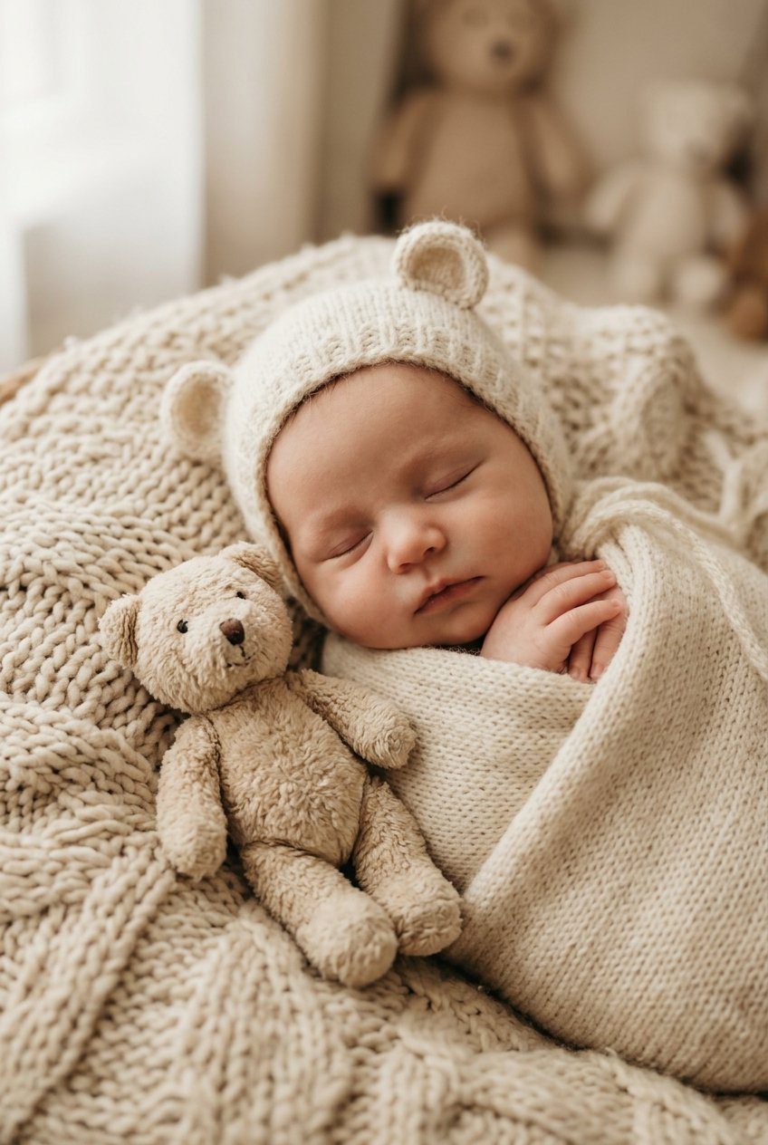 A newborn baby wearing a knit bonnet with bear ears sleeping next to a small plush teddy bear