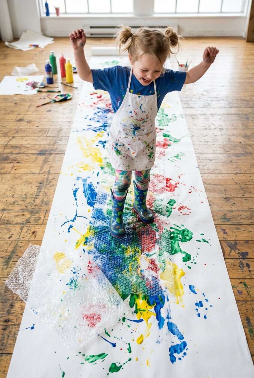 A high angle shot of a child wearing plastic boots stomping on a long roll of white paper covered in paint and bubble wrap