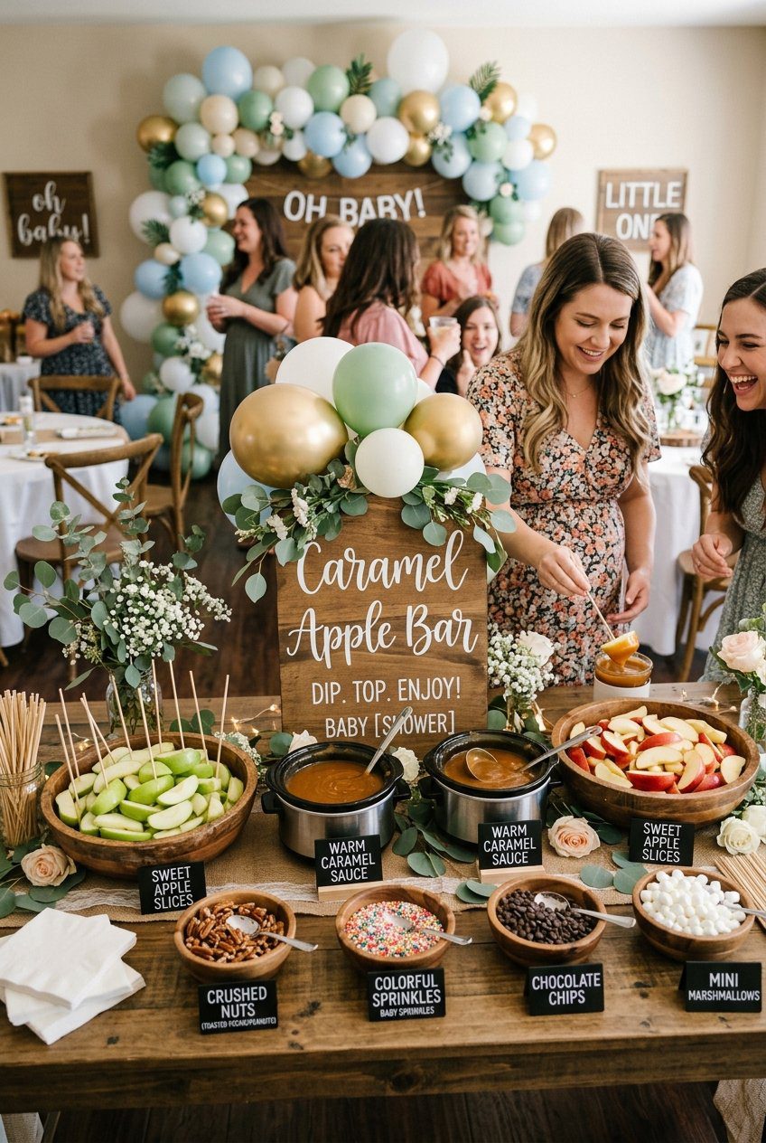 A caramel apple bar station at a baby shower with sliced apples, warm caramel sauce pots, and toppings like nuts and sprinkles