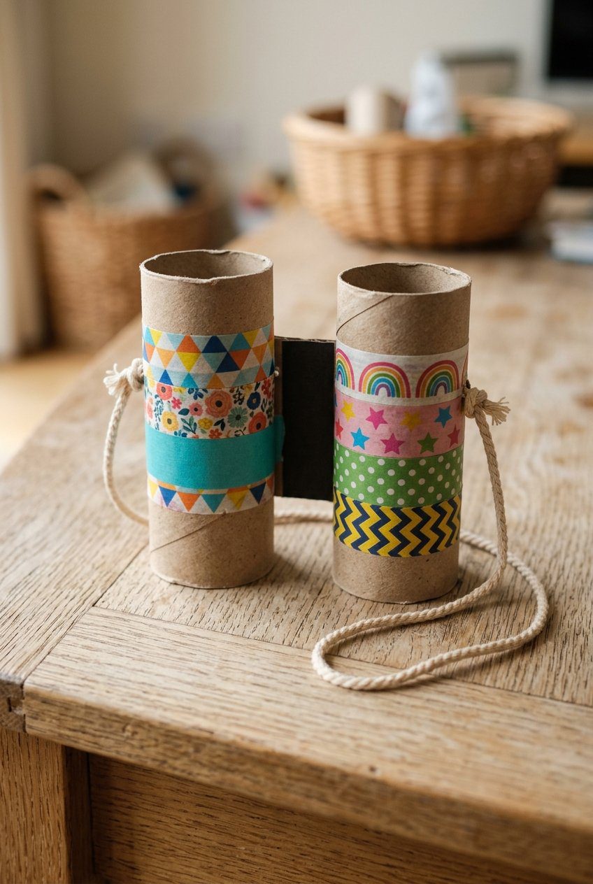 A close-up of a pair of toy binoculars made from two cardboard toilet paper rolls glued together and decorated with colorful patterned washi tape