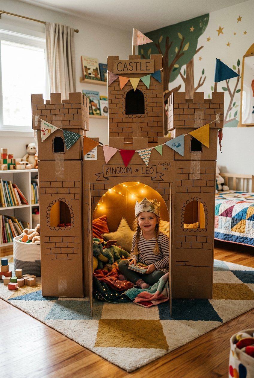 A cozy indoor play castle constructed from large brown cardboard boxes with cut-out windows, doors, and hand-drawn brick patterns, styled inside a children's bedroom