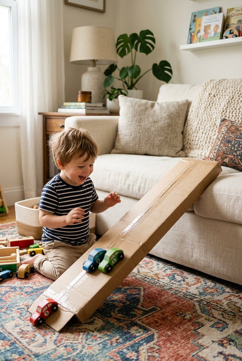 A toddler boy racing small wooden toy cars down a long flat cardboard box ramp propped up against a cream sofa in a living room