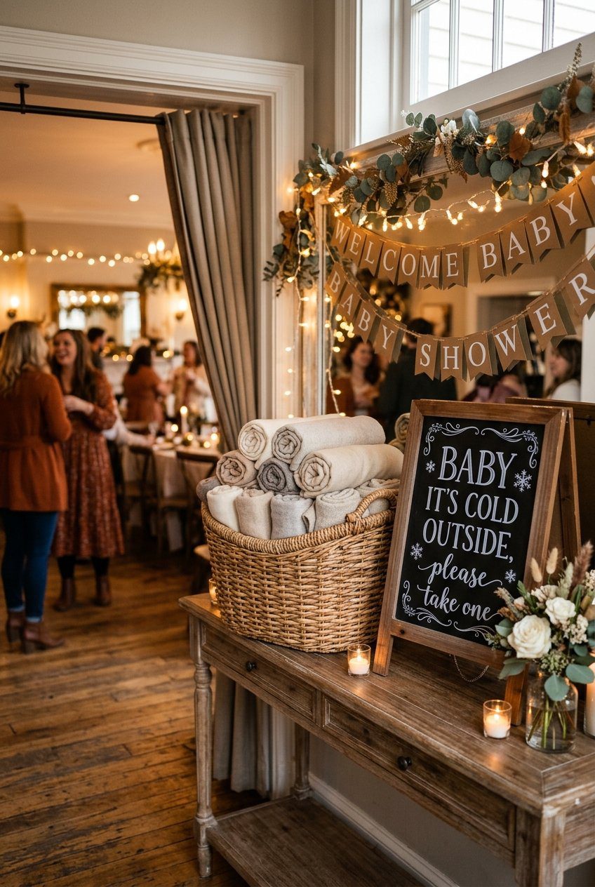 A wicker basket filled with soft folded pashminas at a baby shower entry next to a cozy chalkboard sign