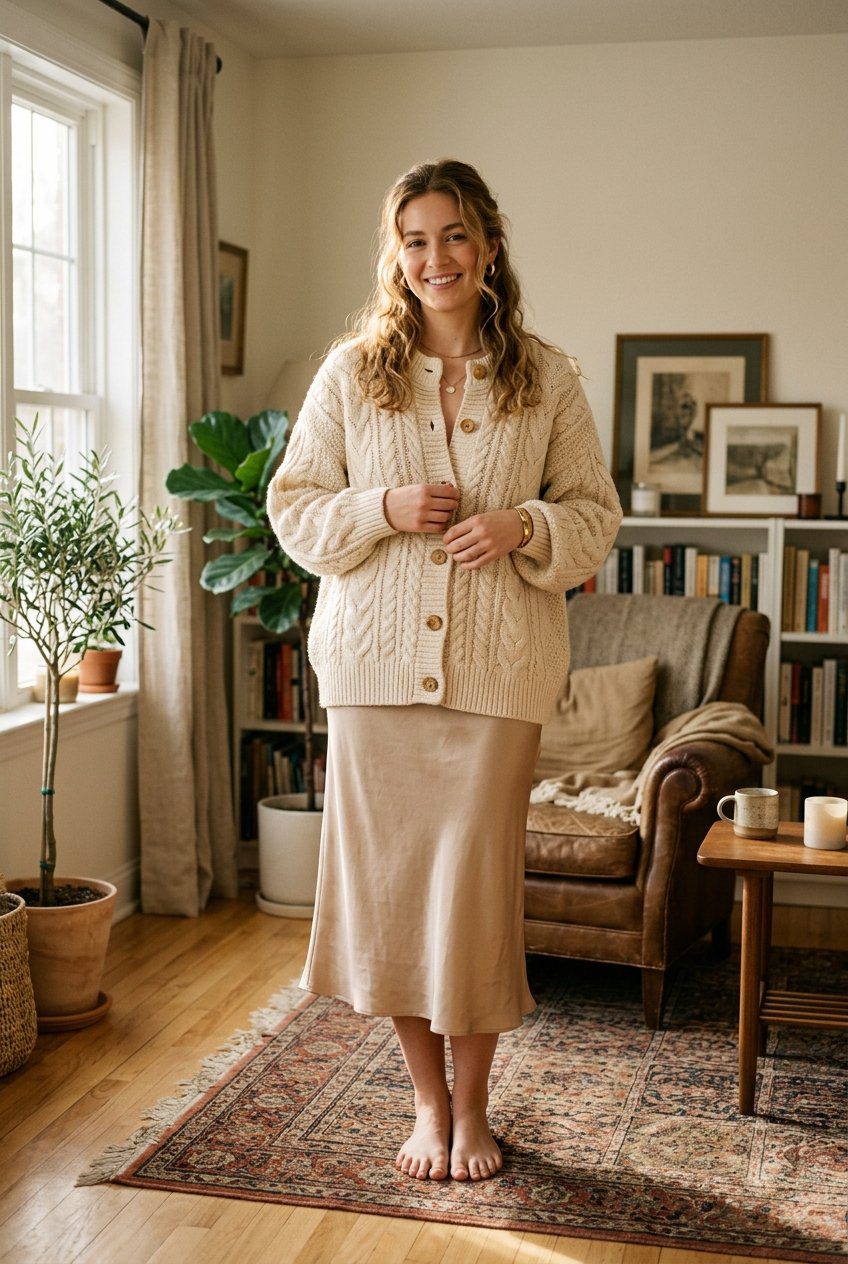 A woman in a cozy living room wearing an oversized cream cable-knit cardigan buttoned up with a beige silk slip midi skirt