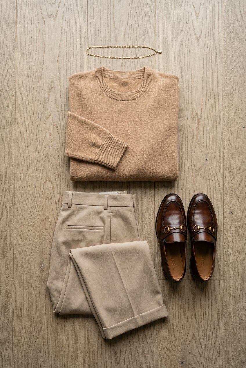 A flat lay layout with a tan cashmere crewneck sweater, wide-leg beige tailored trousers, gold chain necklace, and brown leather loafers