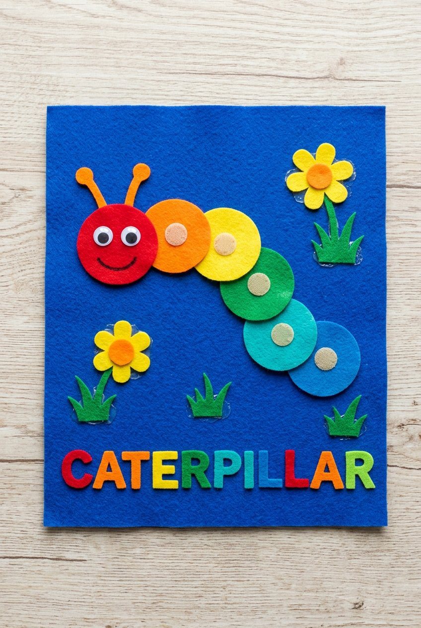 A flat lay of a no-sew felt activity page showing a bright caterpillar made of scissor-cut smooth felt circles attached with Velcro dots