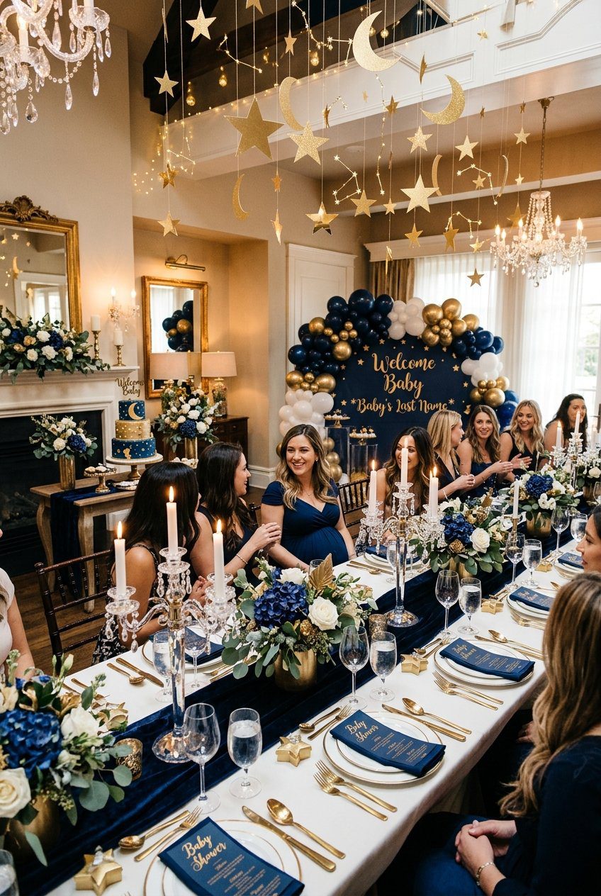 An elegant indoor baby shower with a deep navy blue and gold color theme, hanging gold paper stars and moons from the ceiling