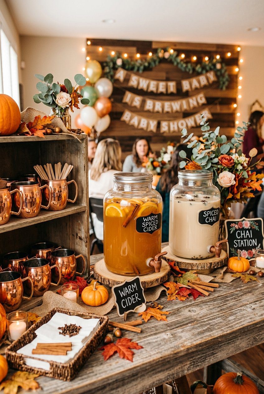 A hot cider and spiced chai drink station at a baby shower with glass dispensers, copper mugs, and autumn leaves