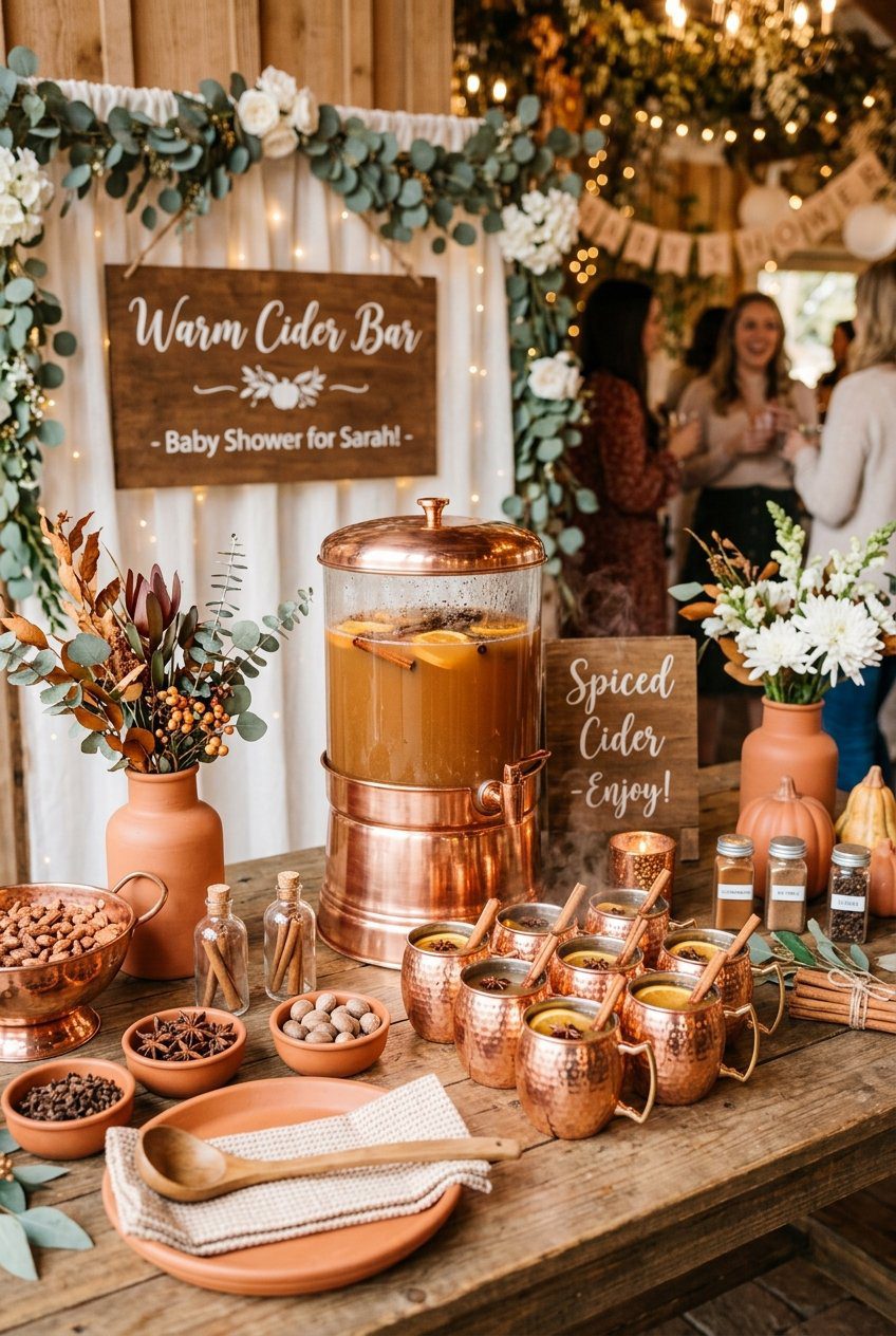 A spiced cider bar at a baby shower with hot cider served in copper mugs, terracotta accents, and wooden signs