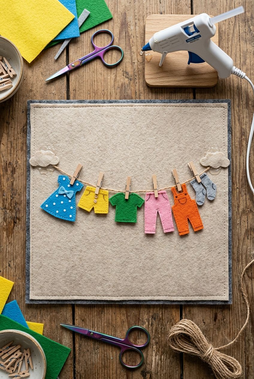 A flat lay of a no-sew felt activity page showing a mini twine clothesline anchored with hot glue, holding scissor-cut felt clothes with tiny wooden clothespins