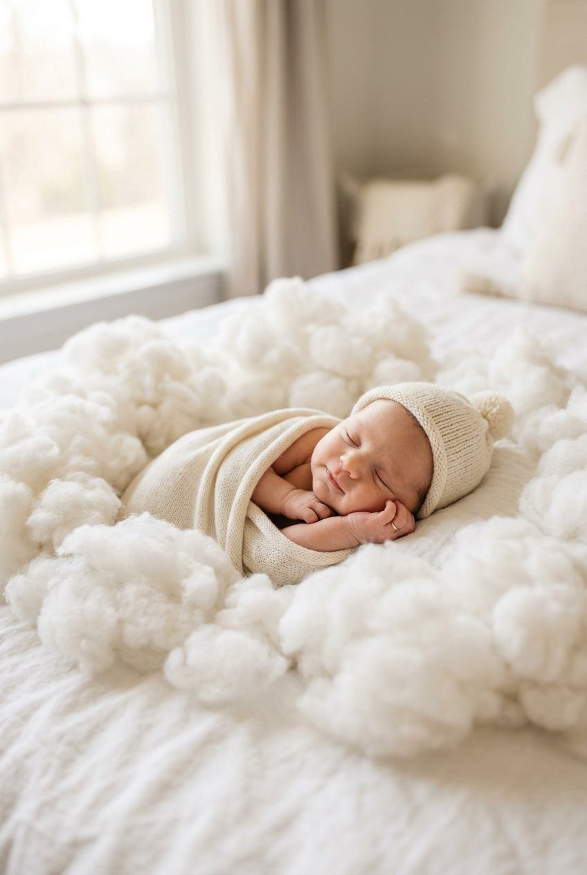 A newborn baby wrapped in a cream swaddle sleeping on a bed surrounded by fluffy white cotton clouds