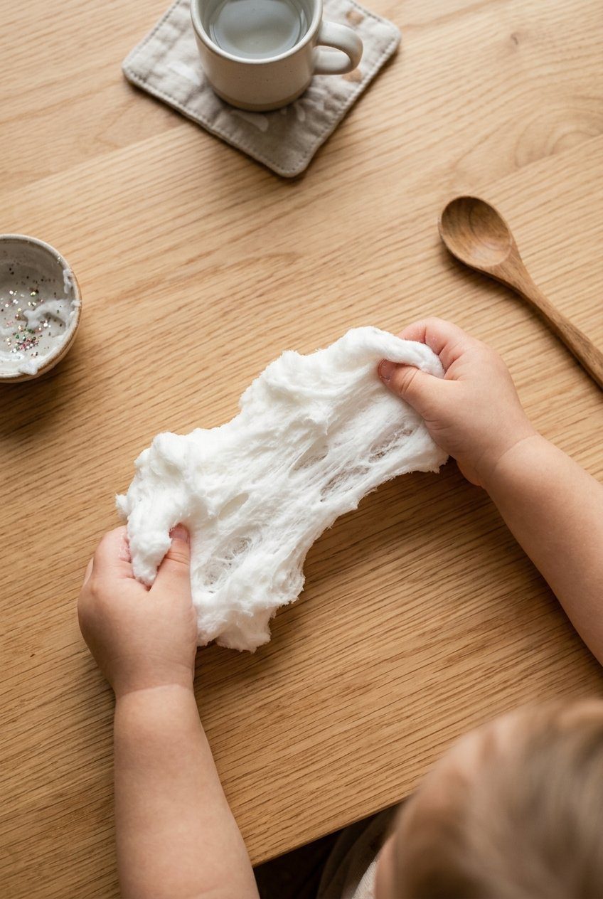 A beautiful flat lay of fluffy white cloud slime being gently stretched by toddler hands on a clean light wood table