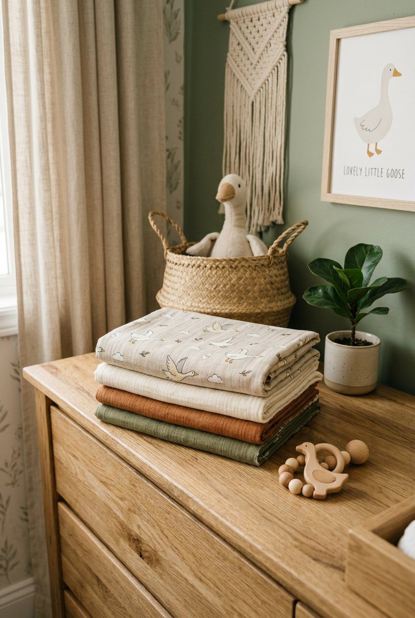 A cozy wood dresser corner showing stacked organic cotton baby blankets with goose prints next to a wooden teething ring