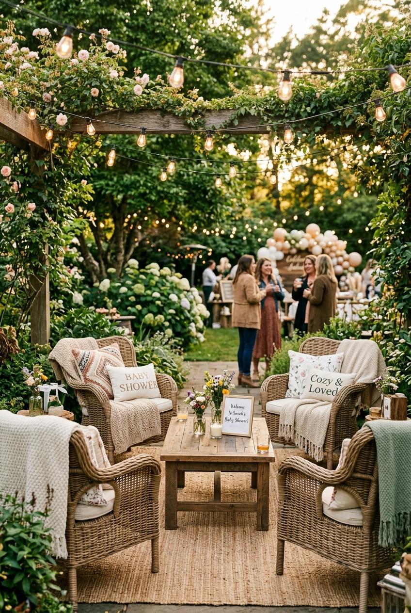 A cozy baby shower garden lounge space featuring wicker armchairs with soft knit blankets and cushions under hanging lights