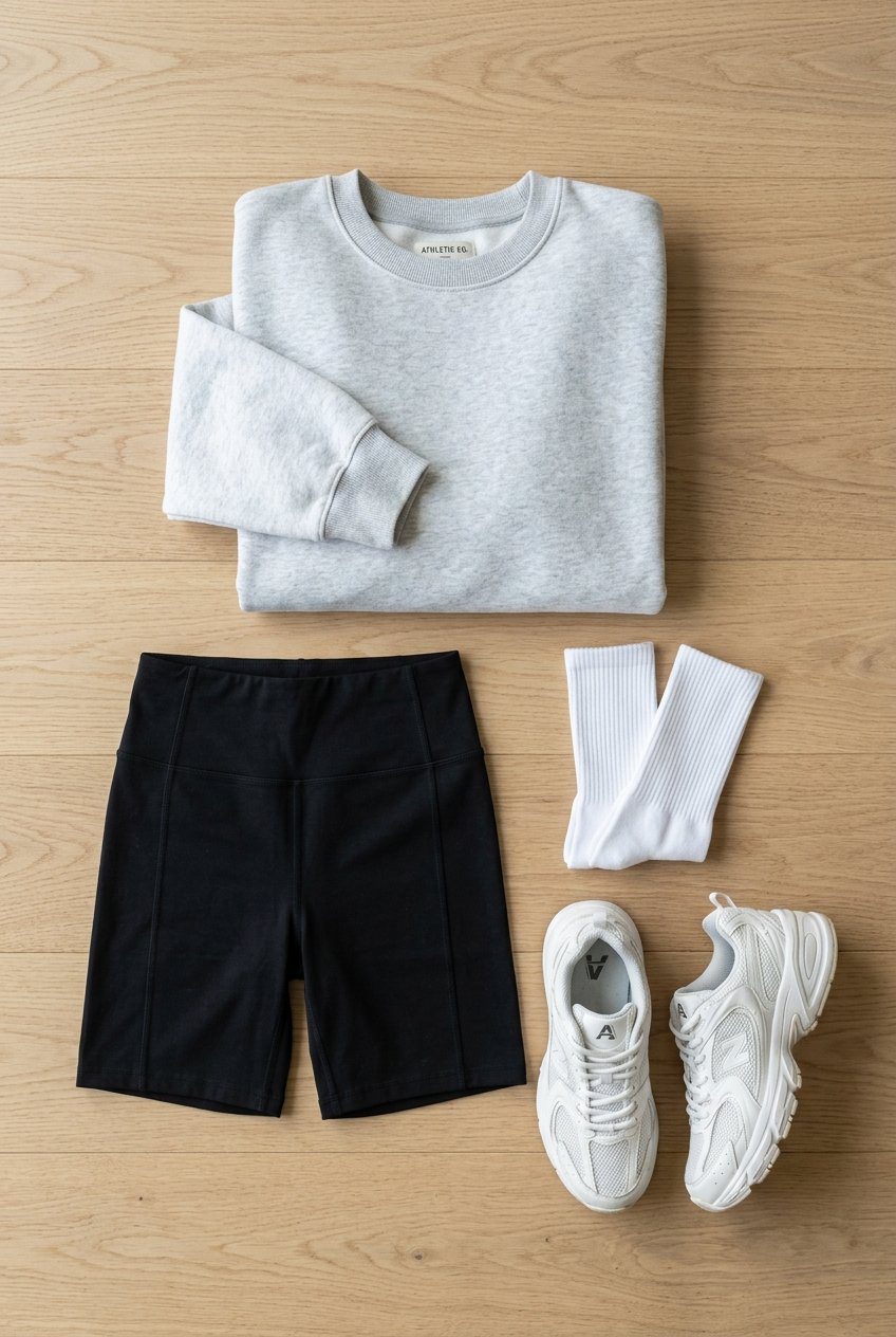 A flat lay display of a light grey crewneck sweatshirt, black bike shorts, white crew socks, and white athletic trainers