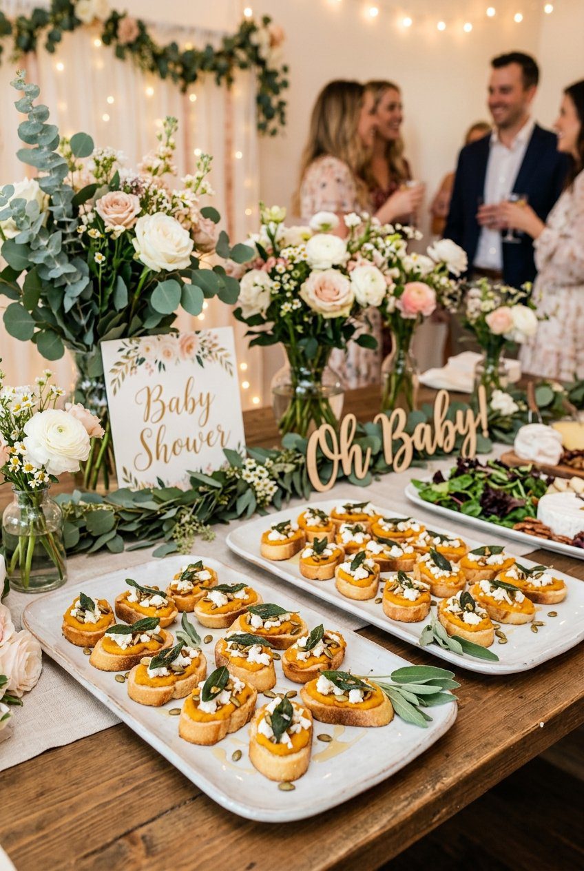 Butternut squash and fried sage crostini appetizers arranged on ceramic serving platters at a baby shower food table