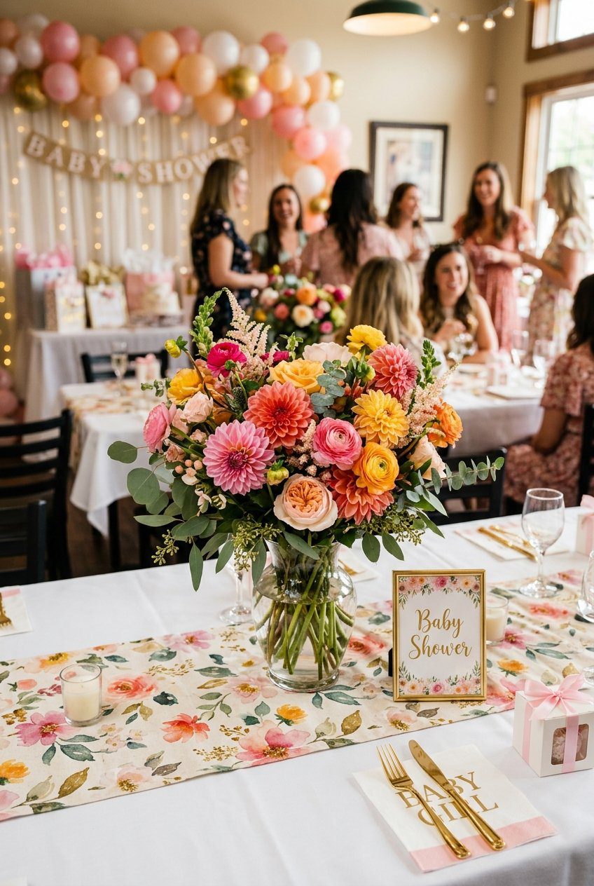 A colorful bouquet of fresh dahlias in a clear glass vase on a baby shower table with a floral table runner