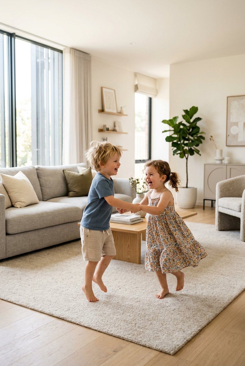 A toddler boy and toddler girl laughing and dancing in a modern sunlit living room with high-quality soft furniture